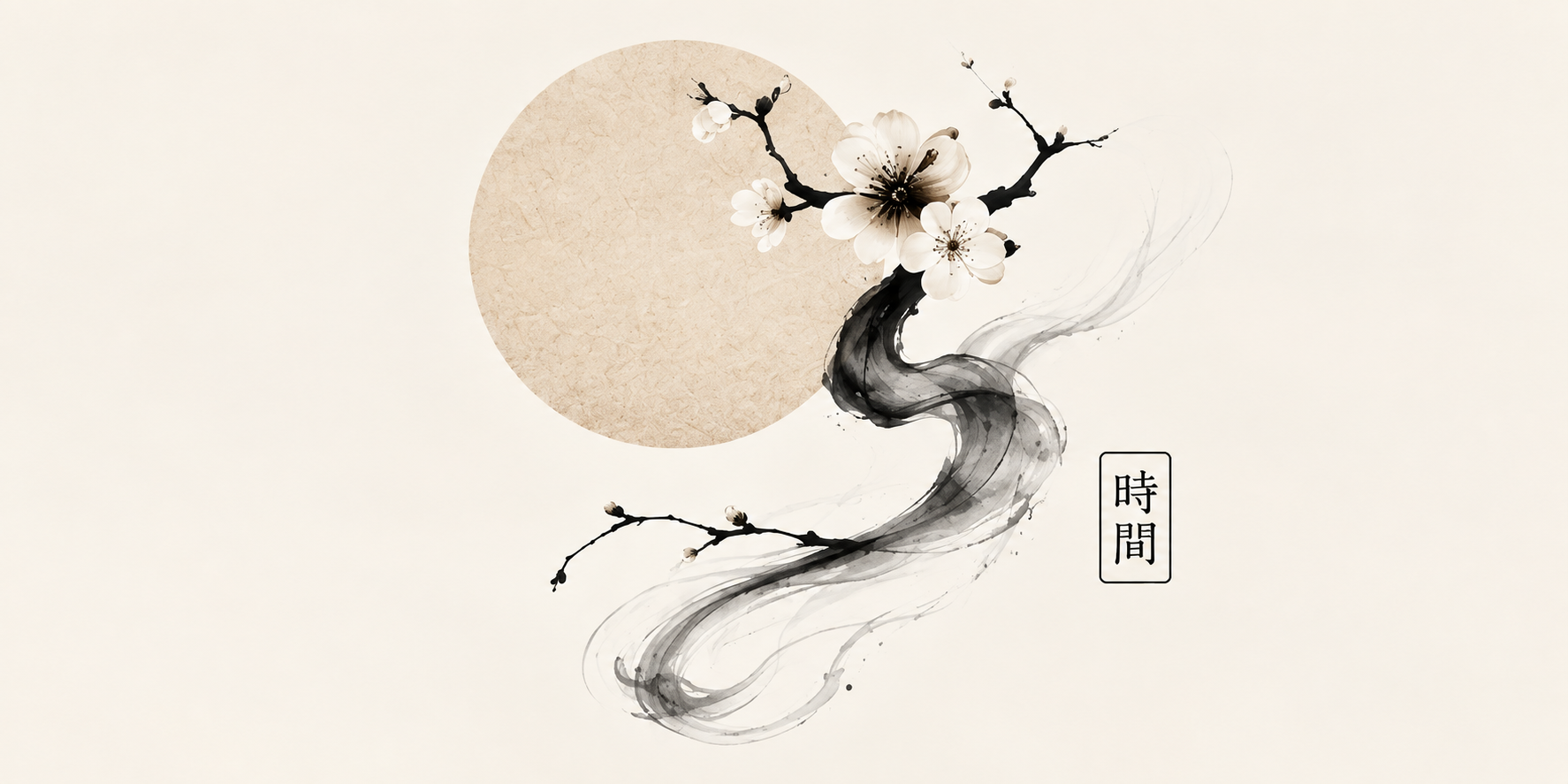 Illustration zen minimaliste autour du temps avec fleurs, encre et symbole japonais